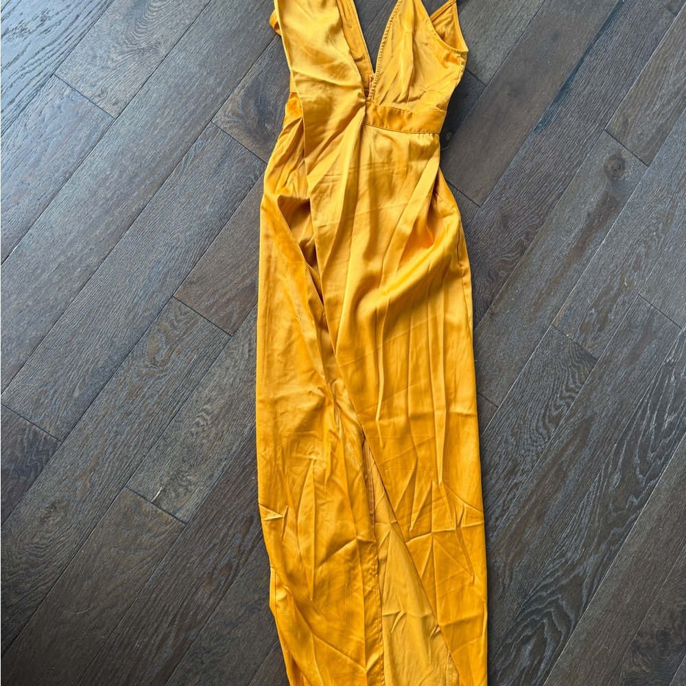 Fashion Nova Mustard Gold Satin V-Neck Maxi Dress